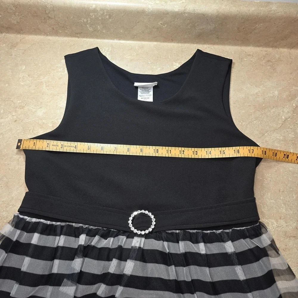 Bonnie Jean Dress Girls 20 Plus Black Stripe Dot Aqua Floral Tulle Belt Party